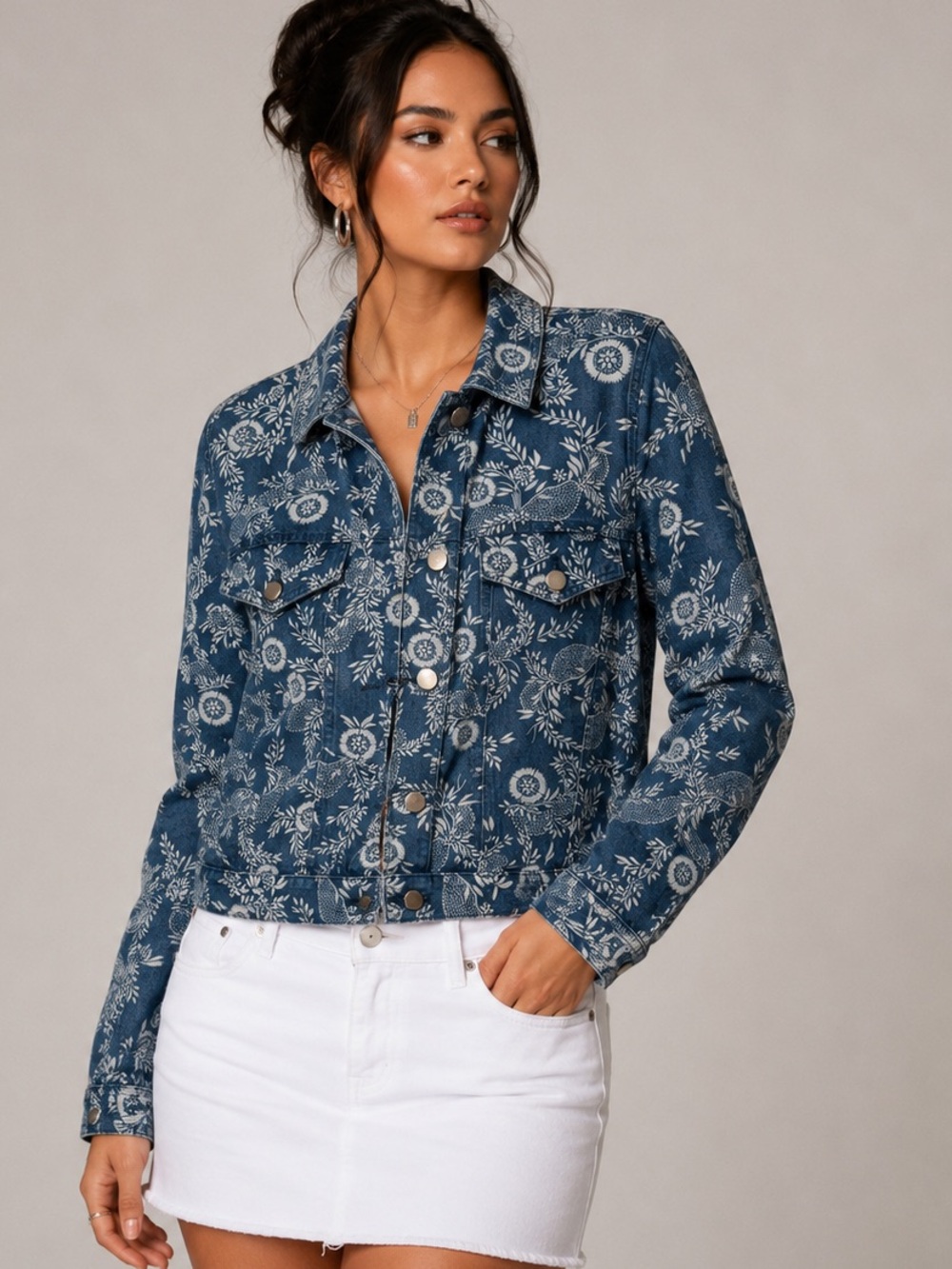 CW California Wear Women’s Floral Print Cotton Denim Jacket‎ Blue Button Front M